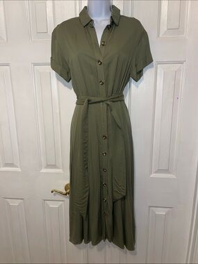 H&M Olive Green Button-Front Midi Shirt Dress